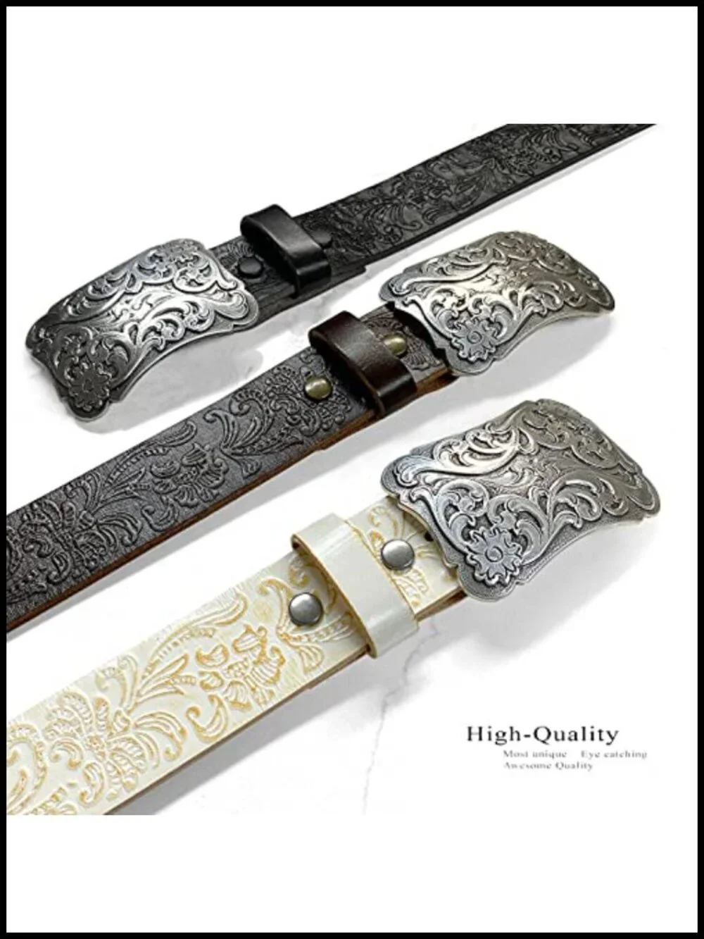 Genuine Leather Belt 1.5 Inch Wide Floral Engraved Buckle Western Style